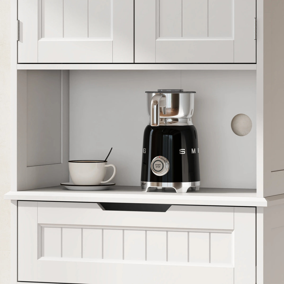 68" Tall Kitchen Buffet Hutch, 4 Doors, Drawer, Open Counter, White Kitchen Pantry Cabinets at Gallery Canada