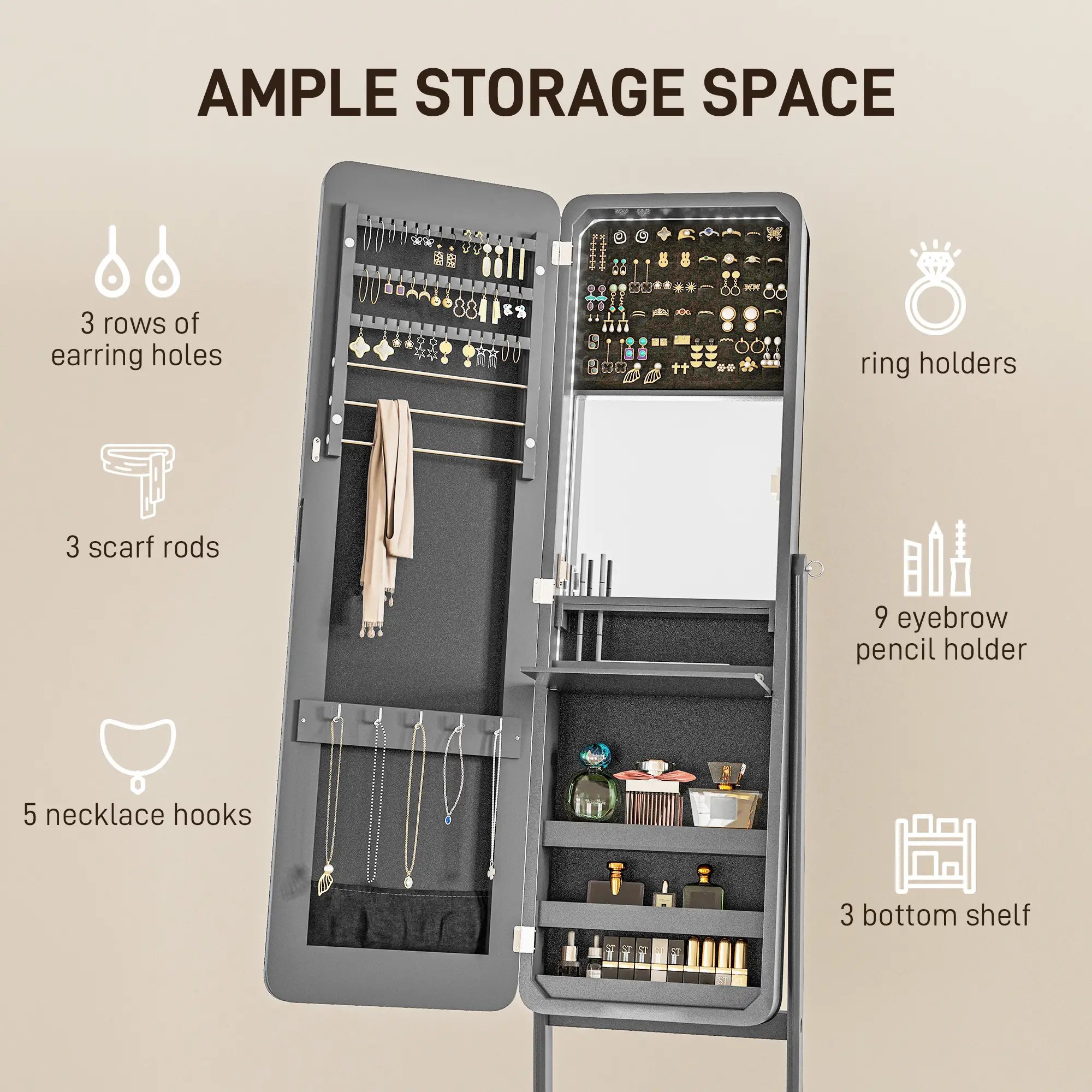 Standing Mirror Jewelry Cabinet, LED Lights, Angle Adjustable, Grey Jewelry Armoire & Jewellery Mirror Cabinets at Gallery Canada