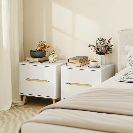 Modern Nightstands Set Of 2, 2 Drawers, Solid Wood Legs, White