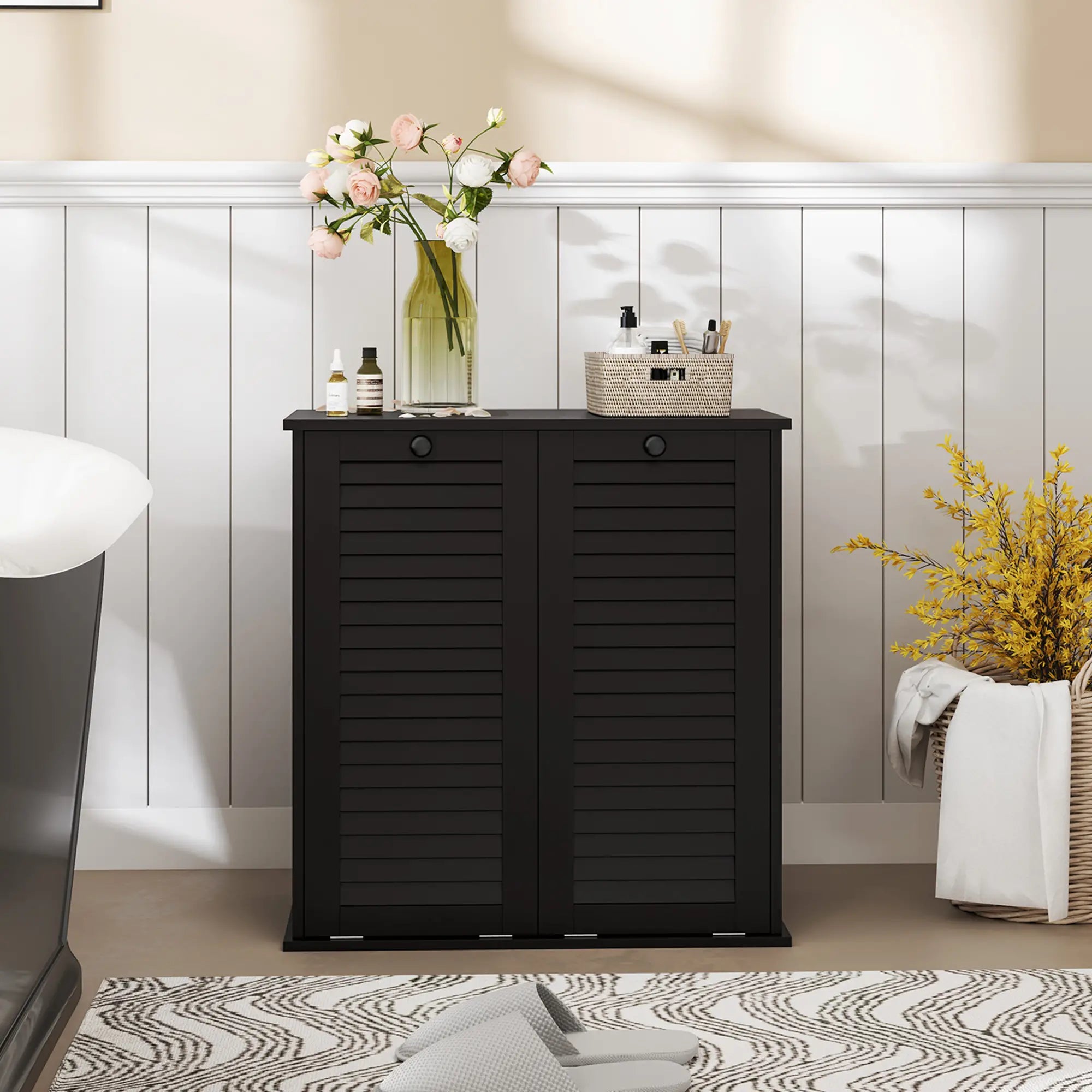 Tilt Out Laundry Cabinet, 2 Baskets, 2 Louvered Doors, Black Bathroom Cabinets at Gallery Canada