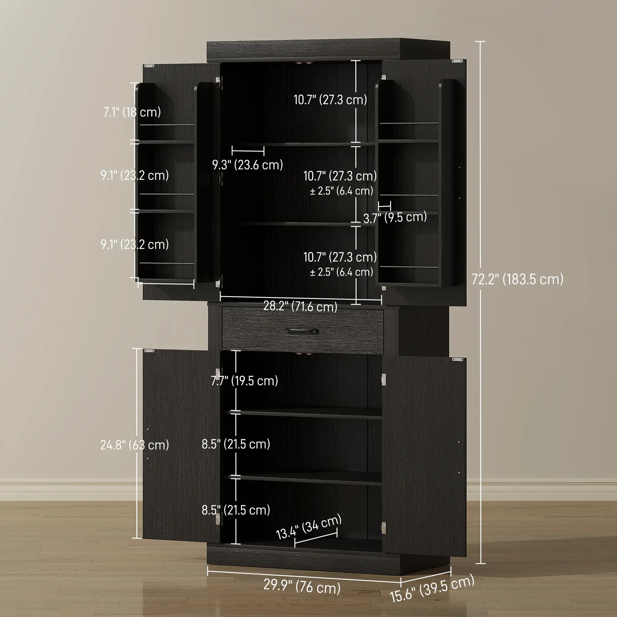 72 Inch Kitchen Pantry Cabinet, Farmhouse Storage, 4 Barn Doors, Black Kitchen Pantry Cabinets at Gallery Canada