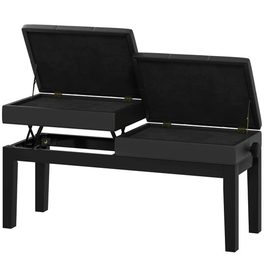 Height Adjustable Piano Bench with Storage, PU Leather Tufted, Black