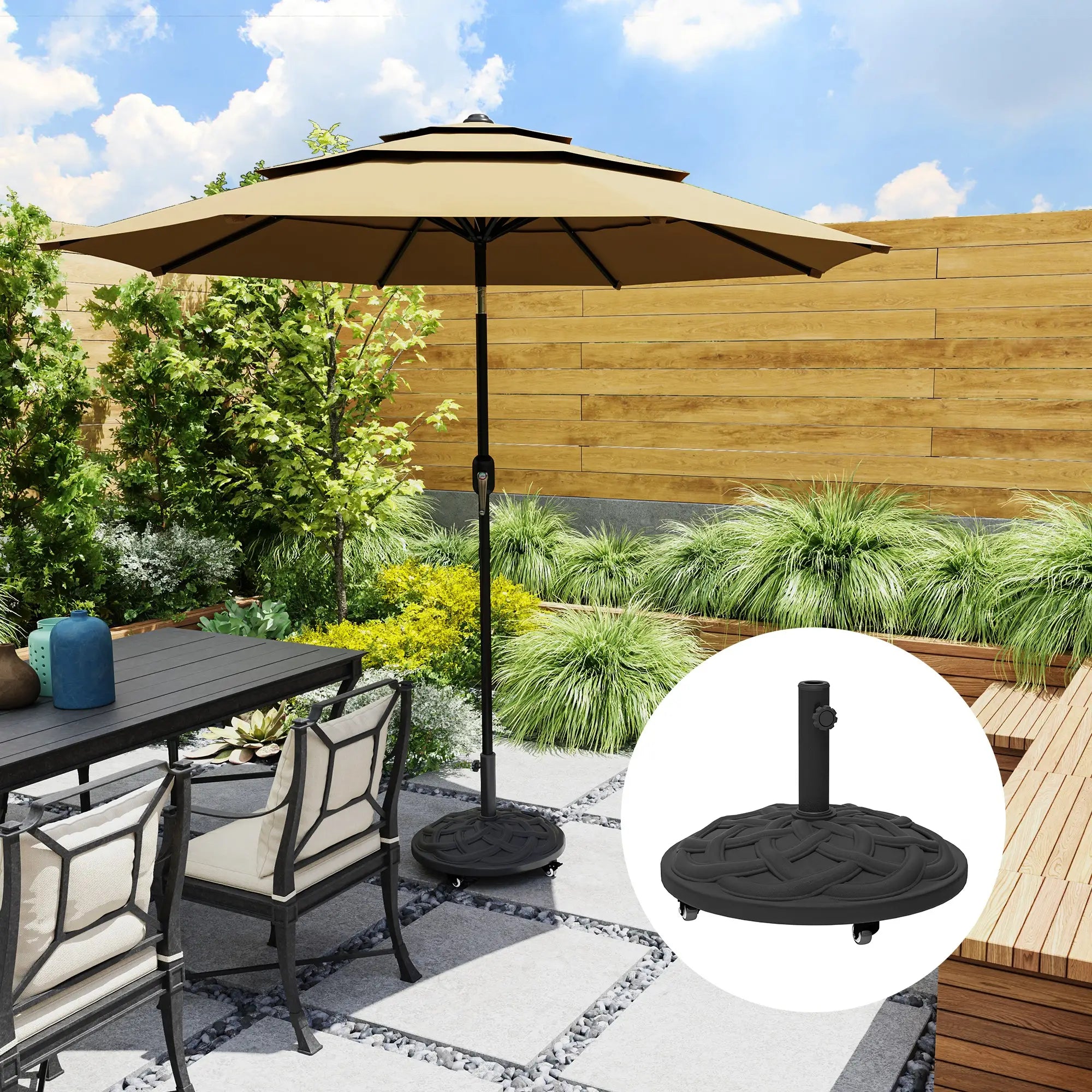 Round Patio Umbrella Base With Wheels, 44 Lbs Resin Stand, 1.3
