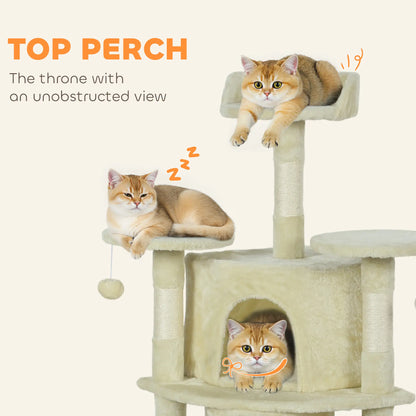 62" Cat Tree, Scratching Post, 2 Condos, Hammock, Perches, Beige