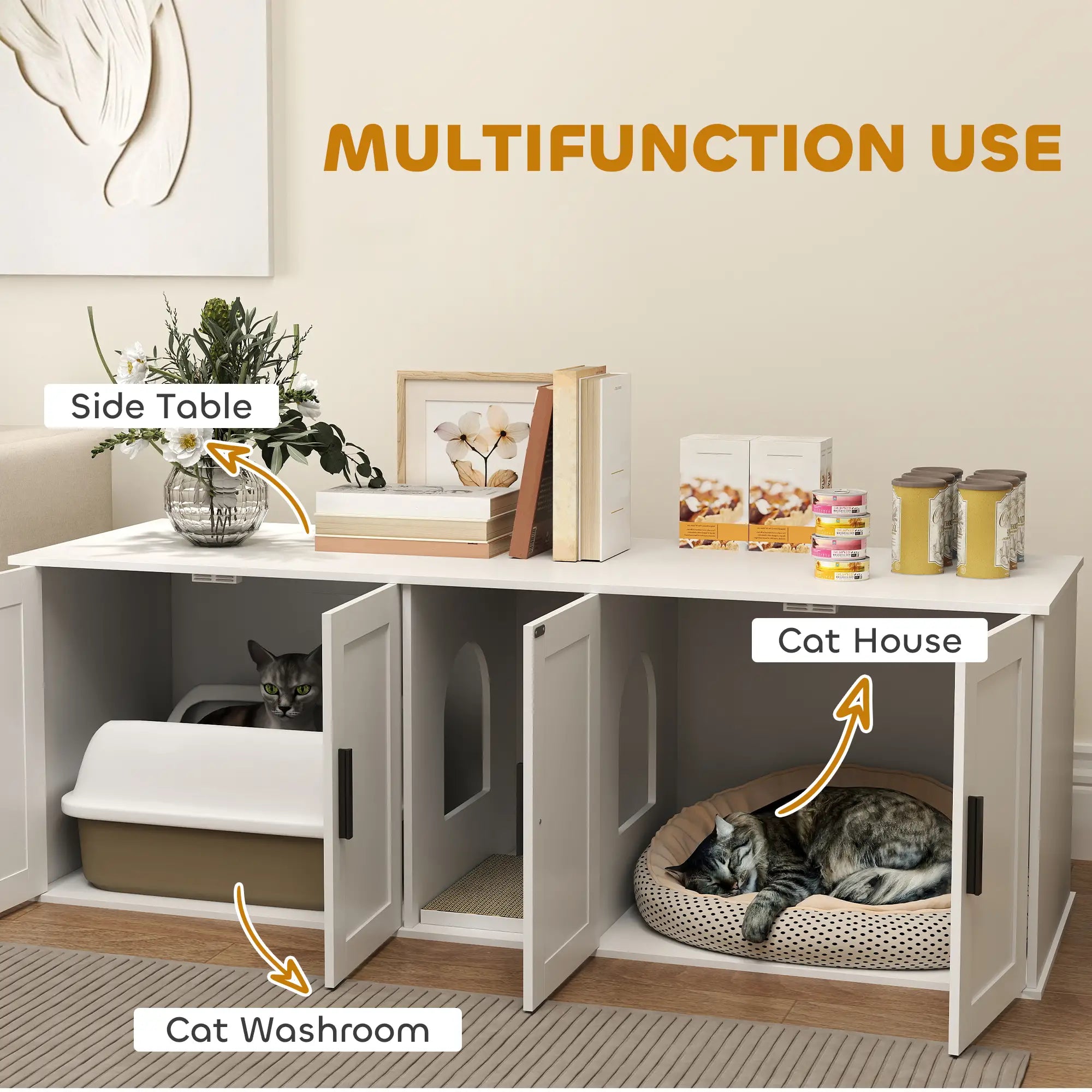 Cat Litter Box Enclosure, Double Room, Scratching Board, 57