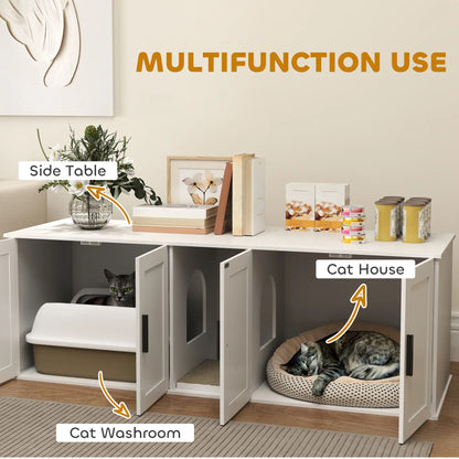 Cat Litter Box Enclosure, Double Room, Scratching Board, 57" x 19" x 20", White Cat Litter Box Enclosures at Gallery Canada
