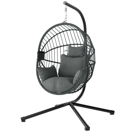 Metal Hanging Egg Chair, Full Body Padded Seat, Grey Patio Swings with Stand Grey, Black at Gallery Canada