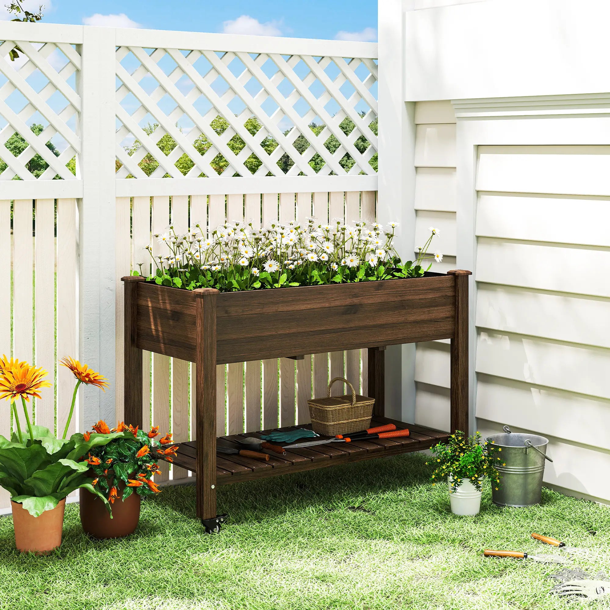 Mobile Raised Garden Bed, Elevated Wood Planter Box, Lockable Wheels, Storage Shelf, Carbonized Elevated Garden Beds at Gallery Canada