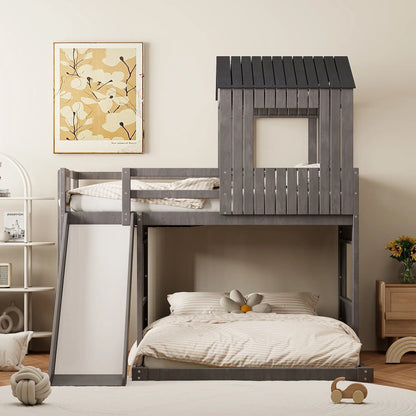 Twin Over Full Bunk Bed, Farmhouse Style, 82" L x 89" W x 82.5" H, Antique Grey Bed Frames at Gallery Canada