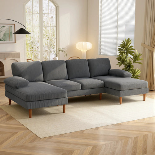 U Shape Couch with Double Chaise, Modern 4 Seater Sofa, Dark Grey