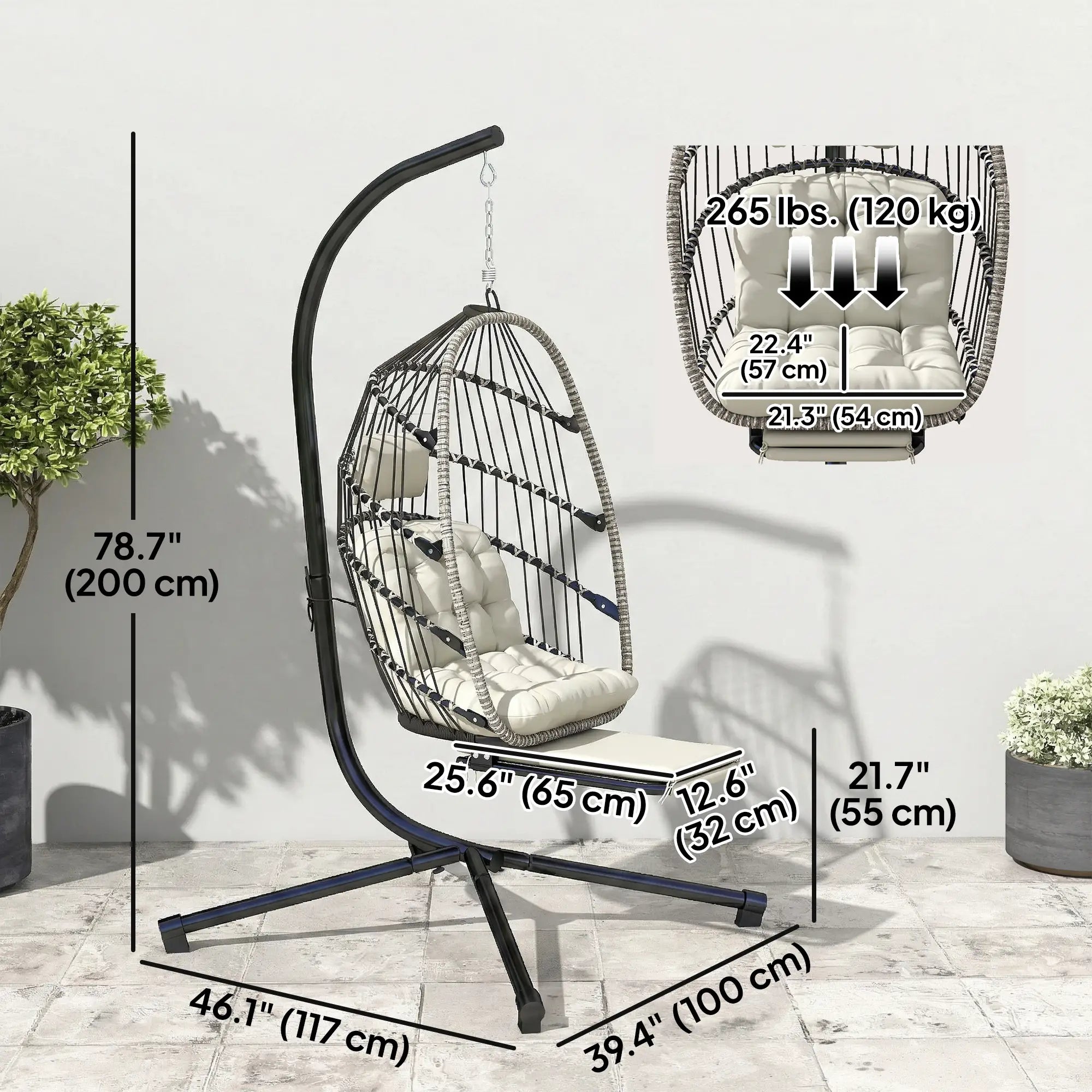 Outdoor Hanging Egg Chair, Retractable Footrest, Metal Stand, Light Grey Patio Swings with Stand at Gallery Canada
