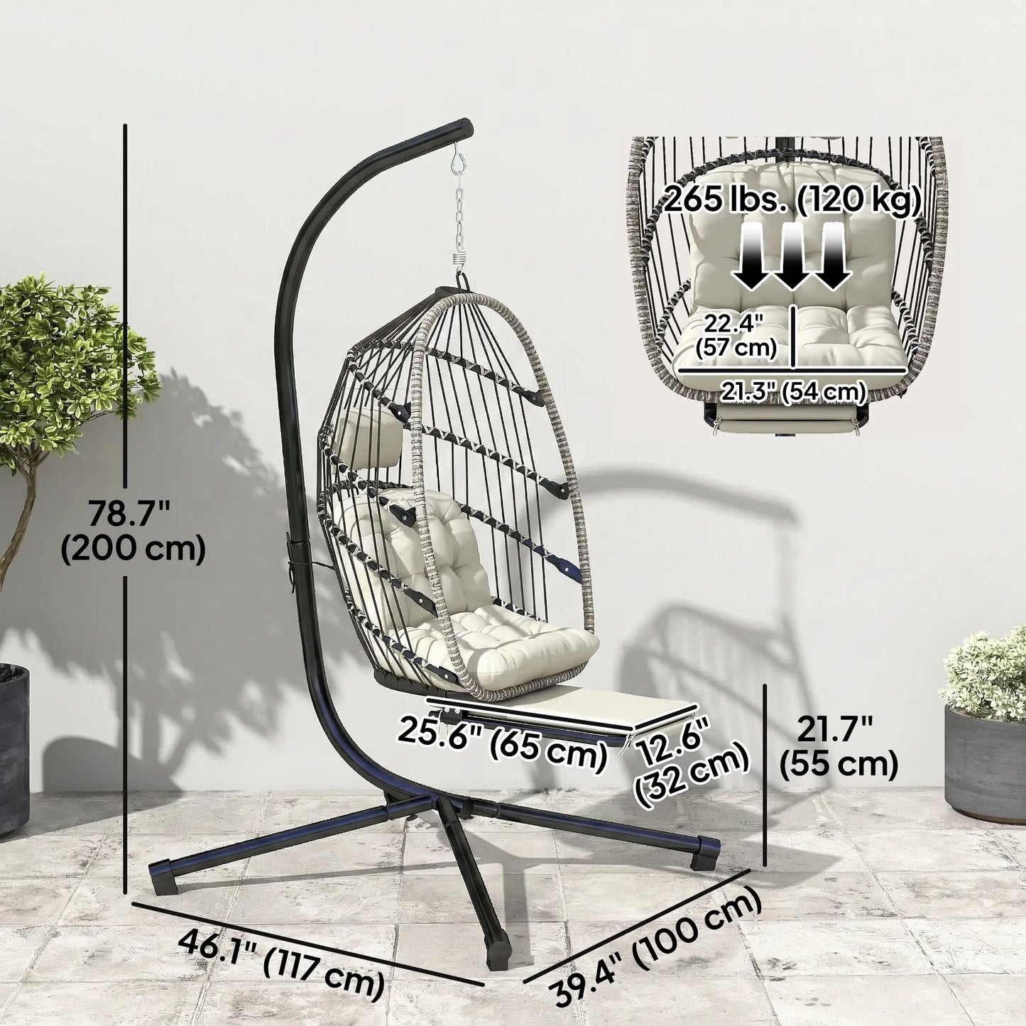 Outdoor Hanging Egg Chair, Retractable Footrest, Metal Stand, Light Grey Patio Swings with Stand at Gallery Canada