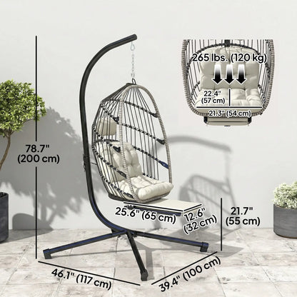 Outdoor Hanging Egg Chair, Retractable Footrest, Metal Stand, Light Grey Patio Swings with Stand at Gallery Canada