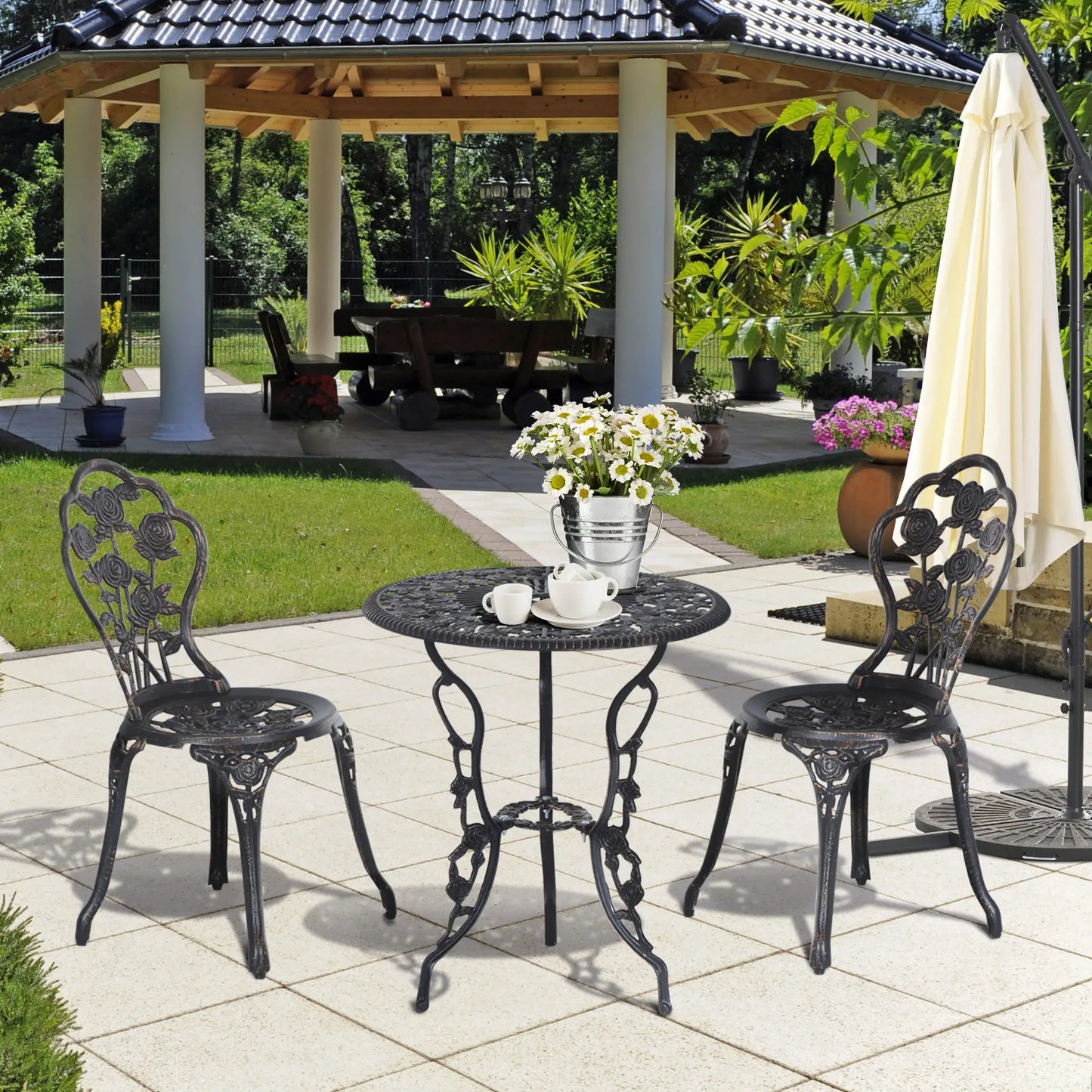 3 Pc Aluminum Bistro Set, Outdoor Patio Table and Chairs, Floral, Bronze Bistro Sets at Gallery Canada