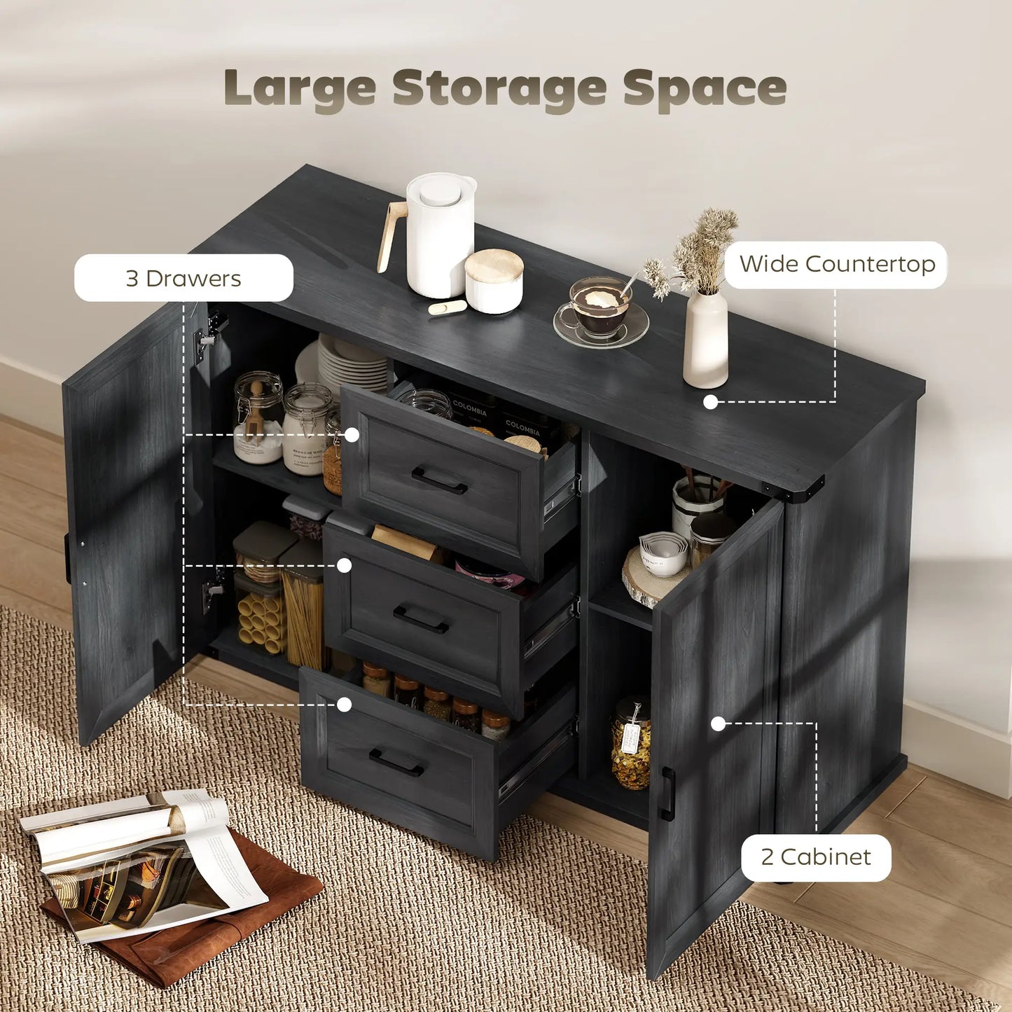47" Sideboard With 3 Drawers, 2 Doors, Adjustable Shelves, Wood Grain, Black Storage Cabinets at Gallery Canada