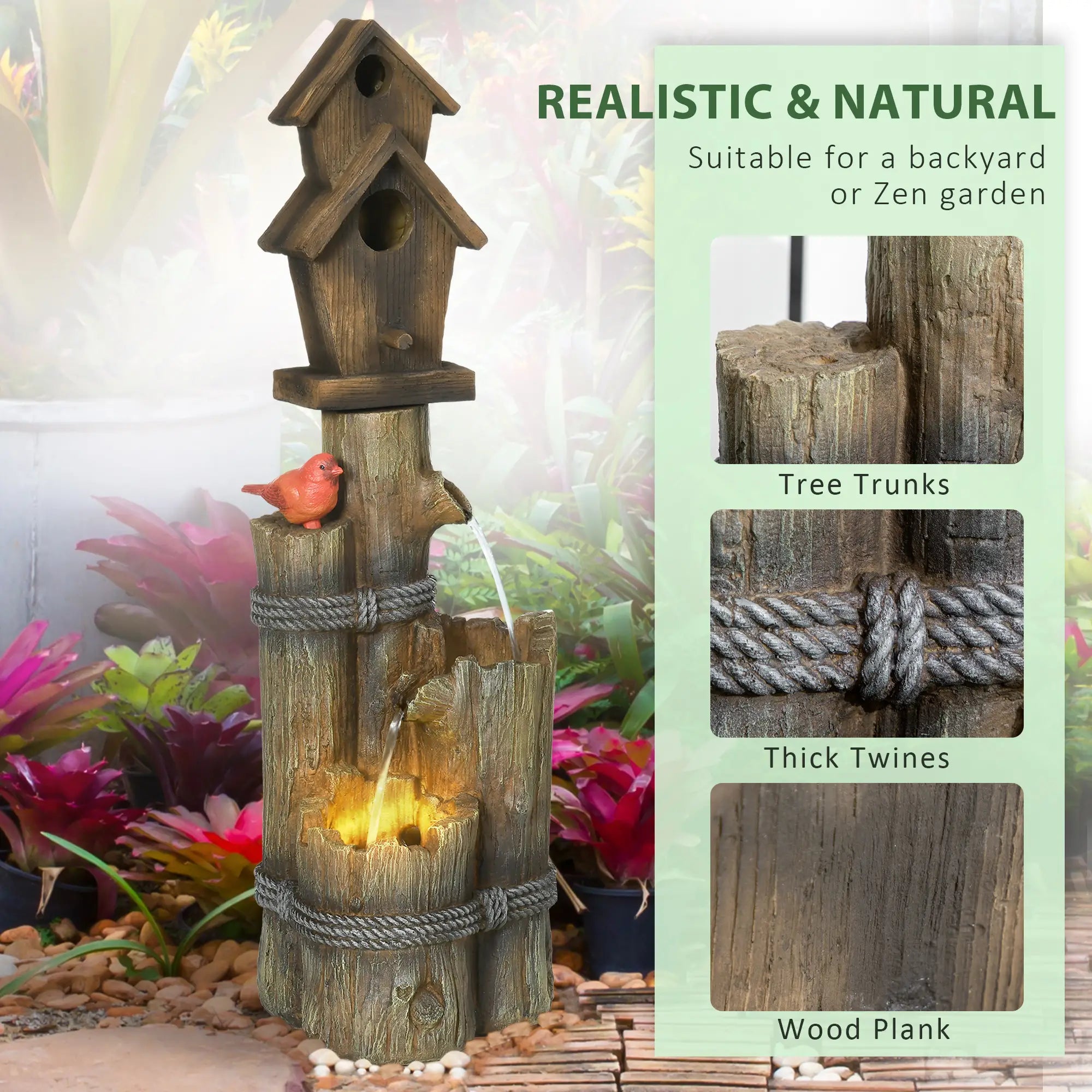 Outdoor Fountain, Garden Waterfall with Birdhouse, 3-Tier Tree Trunk, LED Lights, Brown Water Fountains at Gallery Canada