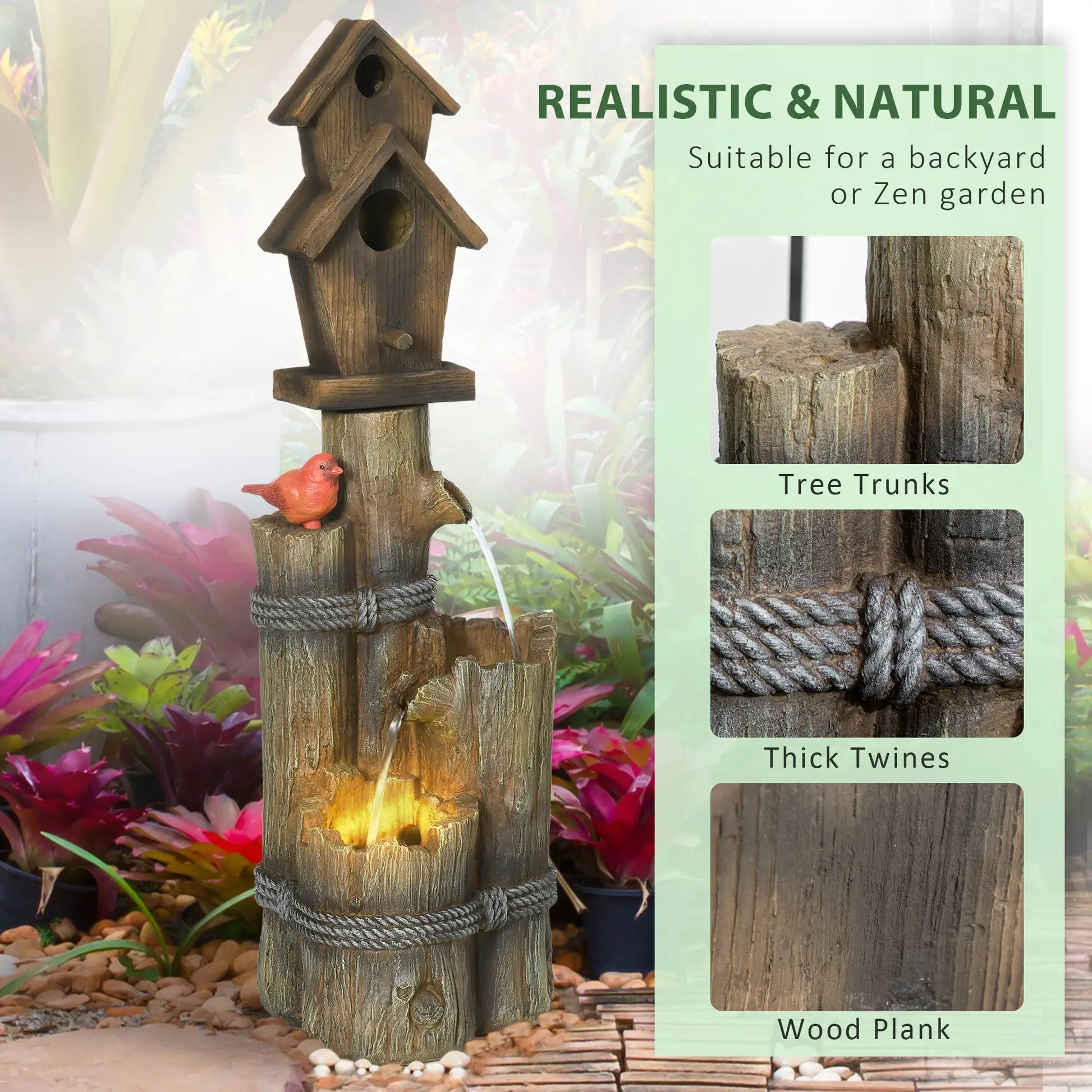 Outdoor Fountain, Garden Waterfall with Birdhouse, 3-Tier Tree Trunk, LED Lights, Brown Water Fountains at Gallery Canada