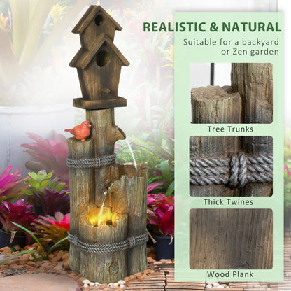 Outdoor Fountain, Garden Waterfall with Birdhouse, 3-Tier Tree Trunk, LED Lights, Brown Water Fountains at Gallery Canada