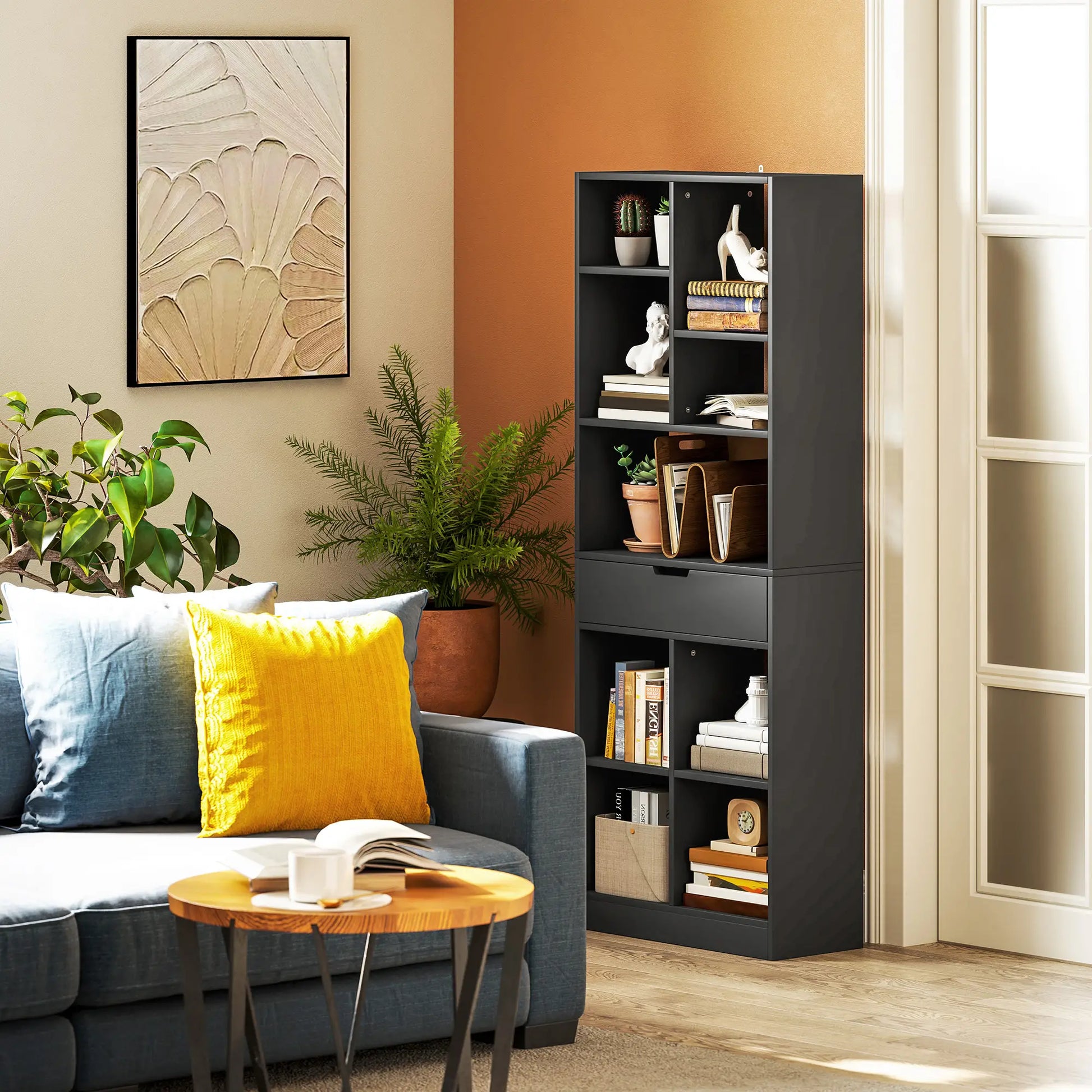 Tall Bookshelf with Drawer, Freestanding Bookcase, Black Display Bookshelves at Gallery Canada