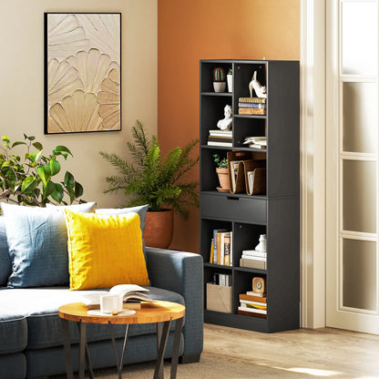 Tall Bookshelf with Drawer, Freestanding Bookcase, Black Display Bookshelves at Gallery Canada
