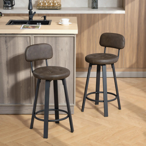 Upholstered Bar Stools Set Of 2, With Footrest And Backrest, Brown
