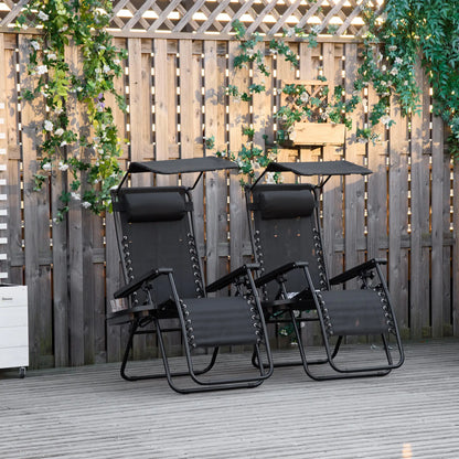 2 Piece Foldable Lounge Chair with Canopy Shade, Outdoor Zero Gravity Chair w/ Side Tray &; Cup Holder, Reclining Lounger w/ Breathable Mesh Fabric Seat, Pillow, Black Lounger Chairs at Gallery Canada
