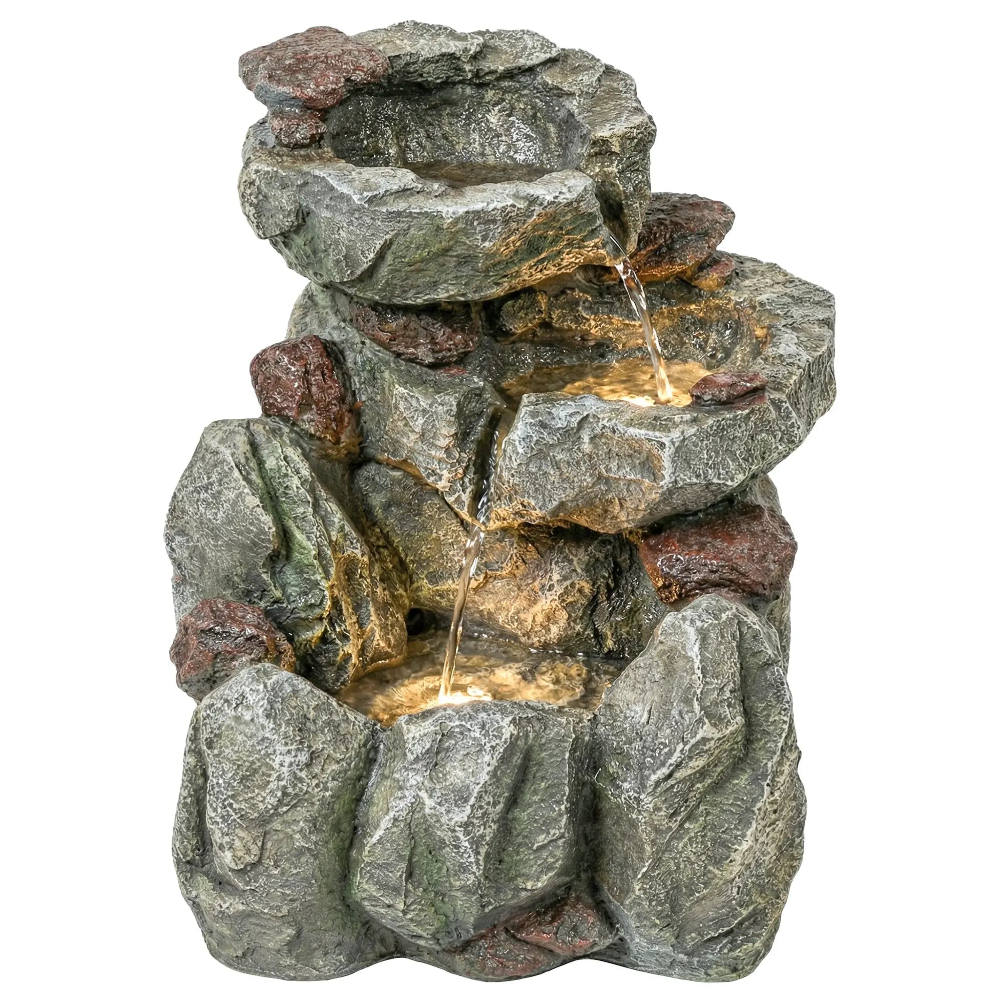 Outdoor Fountain, LED Lights, Adjustable Flow, 3-Tier, Rustic Rock Look, Grey Water Fountains Mixed Colour at Gallery Canada