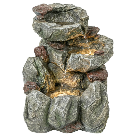 Outdoor Fountain, LED Lights, Adjustable Flow, 3-Tier, Rustic Rock Look, Grey Water Fountains Mixed Colour at Gallery Canada