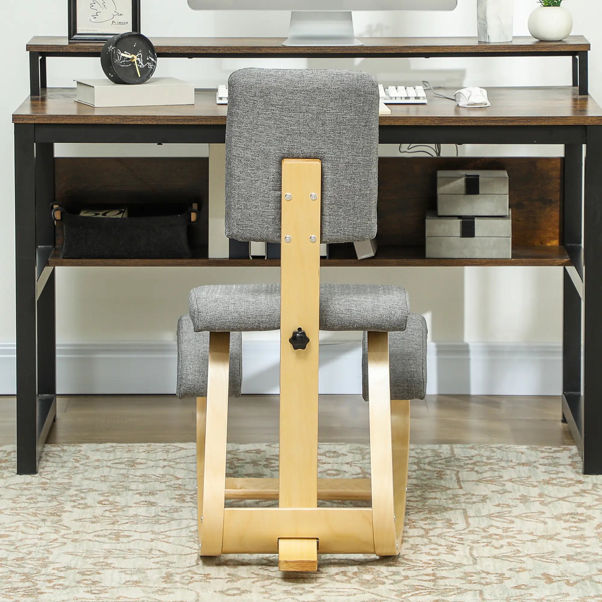 Ergonomic Kneeling Chair, Rocking Wood Kneel Stool with Backrest for Improve Posture, Back Pain, Grey Office Chairs at Gallery Canada