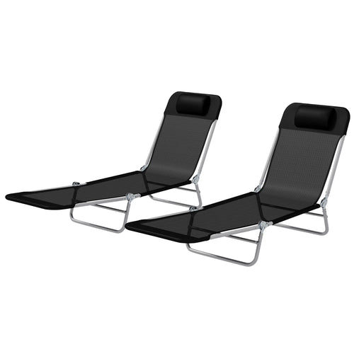 Folding Outdoor Lounge Chair Set, 2 Reclining Tanning Chairs, 5-Position Adjustable Backrest, Black