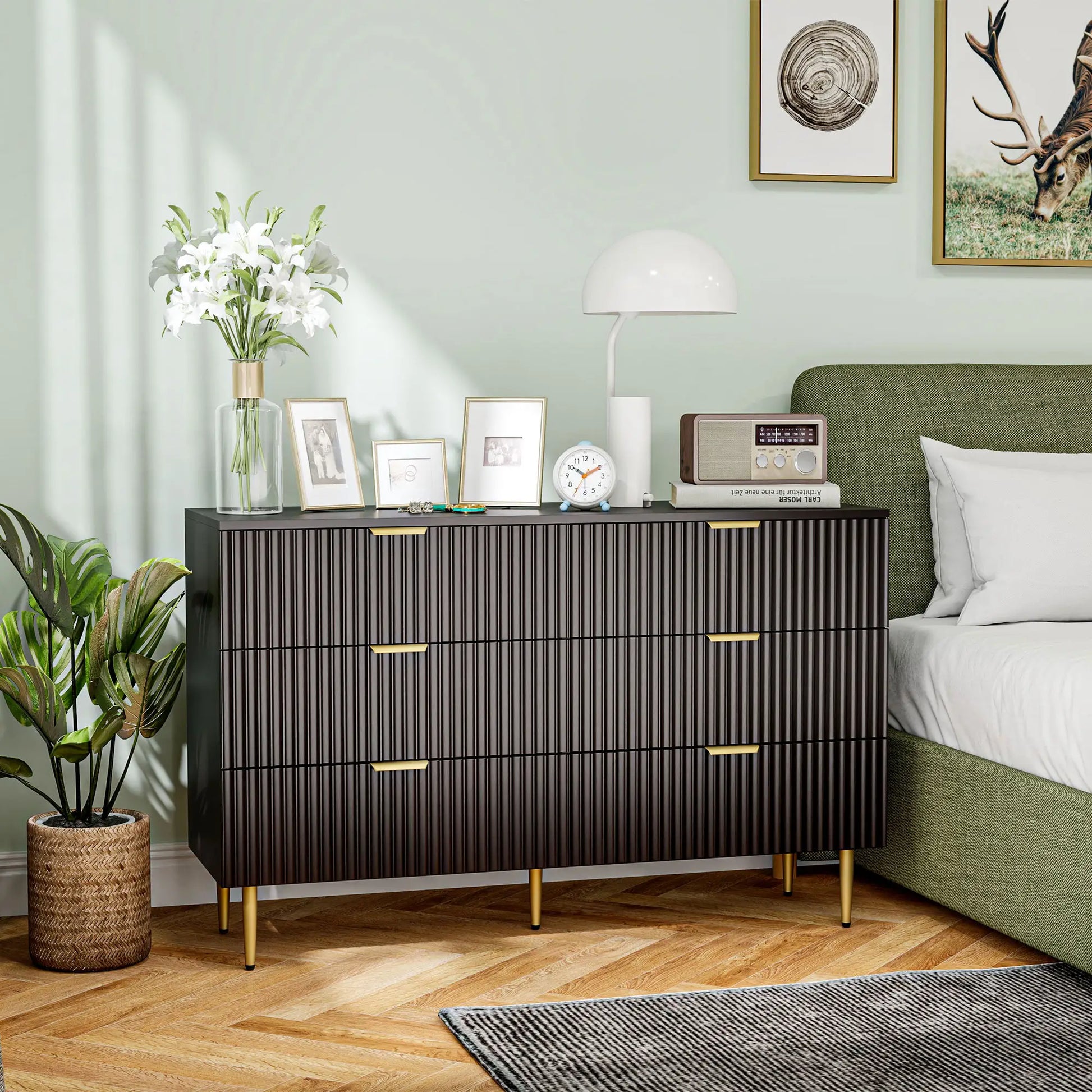 Modern 6 Drawer Dresser, with Gold Legs, Bedroom Chest, Black Storage Cabinets at Gallery Canada