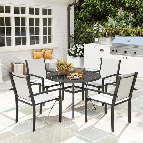 5 Piece Outdoor Dining Set, Round Table, 4 Stackable Chairs