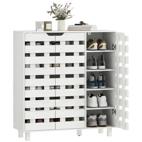 Shoe Cabinet, 21 Pair Storage with Hollowed-Out Doors, White
