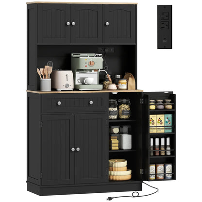 68" Pantry Cabinet with Charging Station, Microwave Stand, 4 Door Racks, Black Kitchen Pantry Cabinets at Gallery Canada