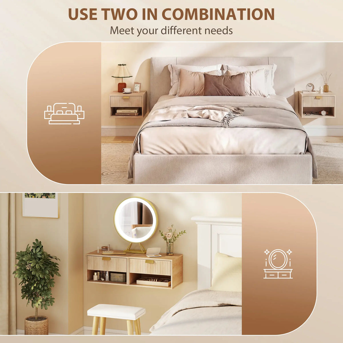 Set of 2 Wall Mounted Bedside Tables, Oak Floating Nightstands, Oak