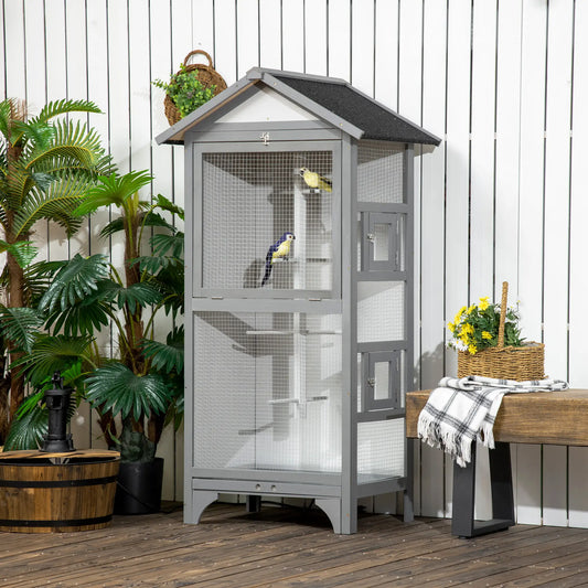 Wooden Bird Aviary Parrot Cage, Removable Tray, 2 Doors, 4 Perches, Light Grey Bird Cages Light Grey at Gallery Canada