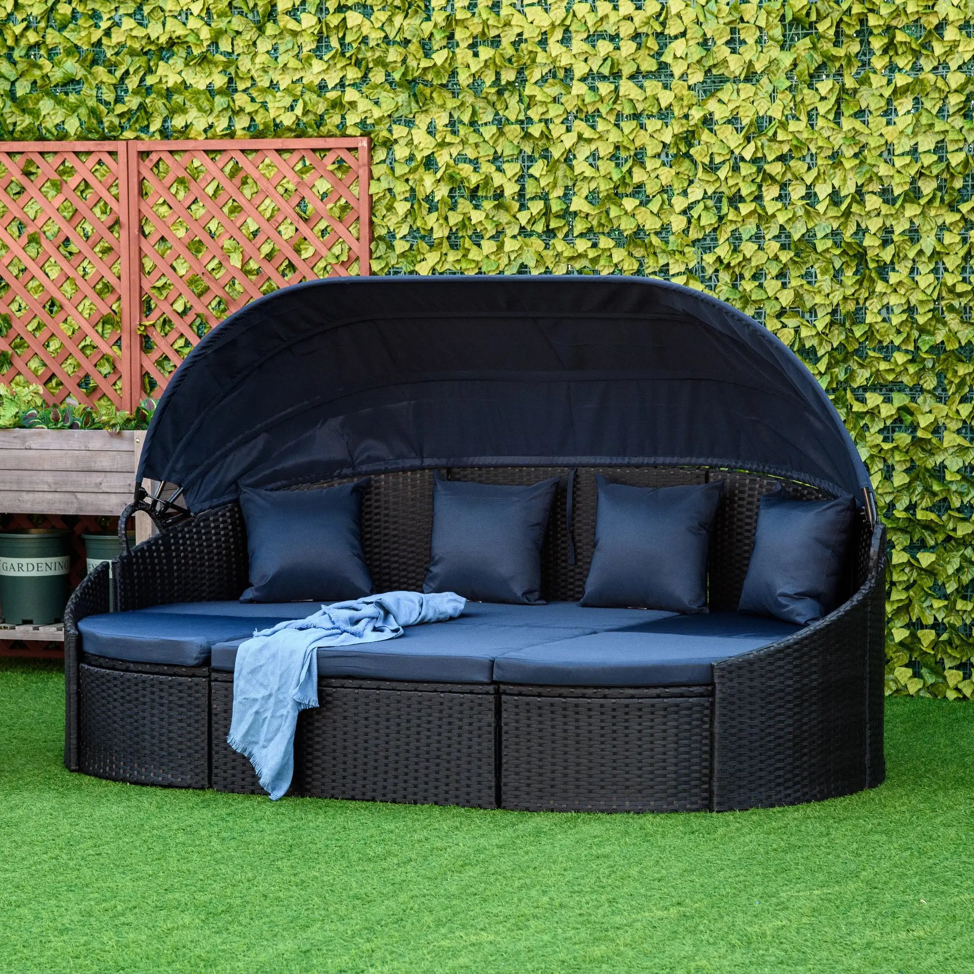 4-Piece PE Wicker Round Daybed, Outdoor Rattan Lounge Set, Dark Blue Daybeds at Gallery Canada