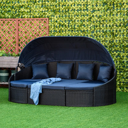 4-Piece PE Wicker Round Daybed, Outdoor Rattan Lounge Set, Dark Blue Daybeds at Gallery Canada