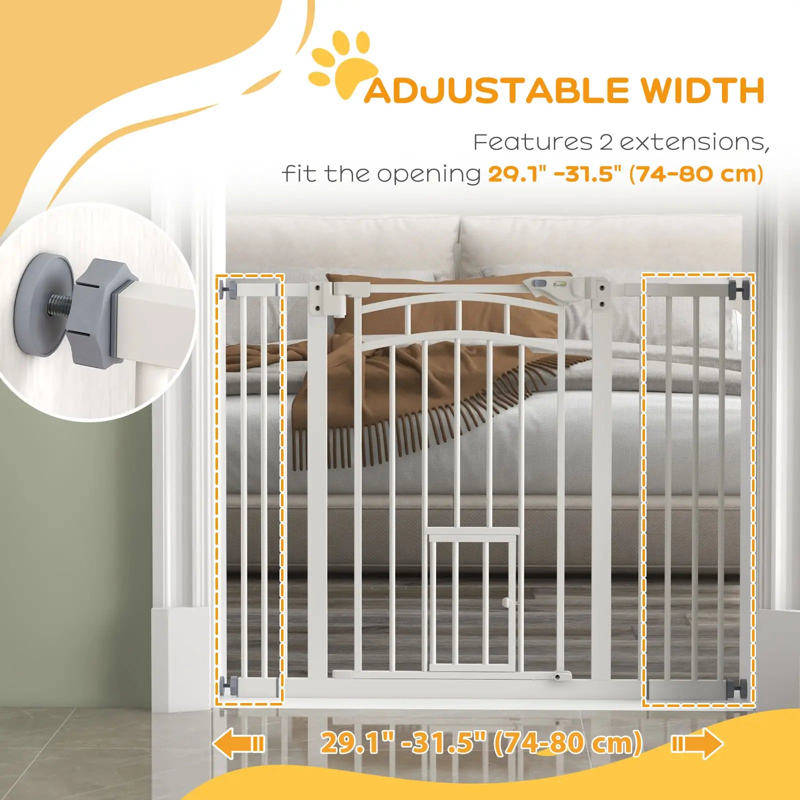 Auto-Close Pet Gate With Cat Door, Double Locking, Fits 29