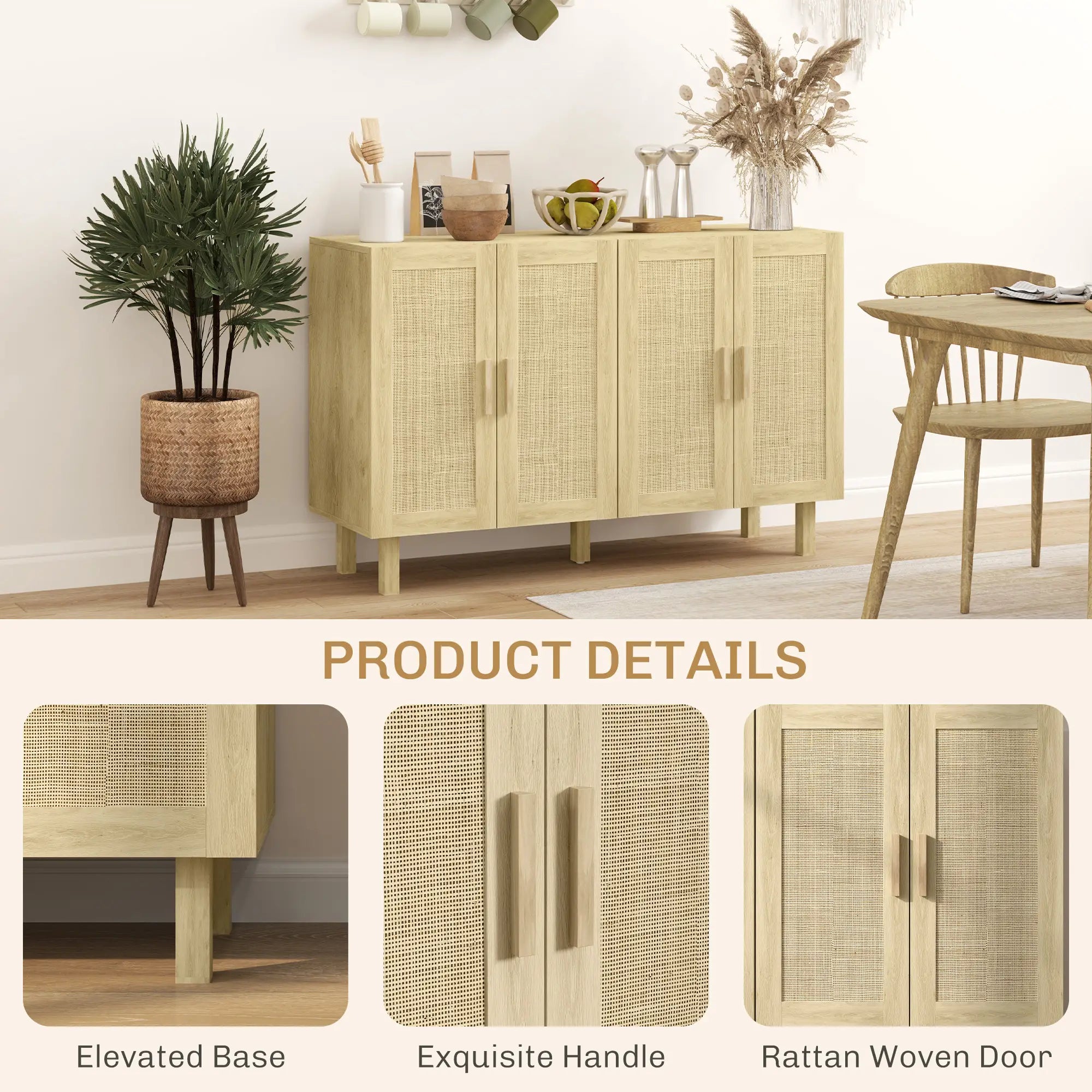 Boho Sideboard Cabinet, 4 Rattan Doors, Adjustable Shelves, Natural Storage Cabinets at Gallery Canada