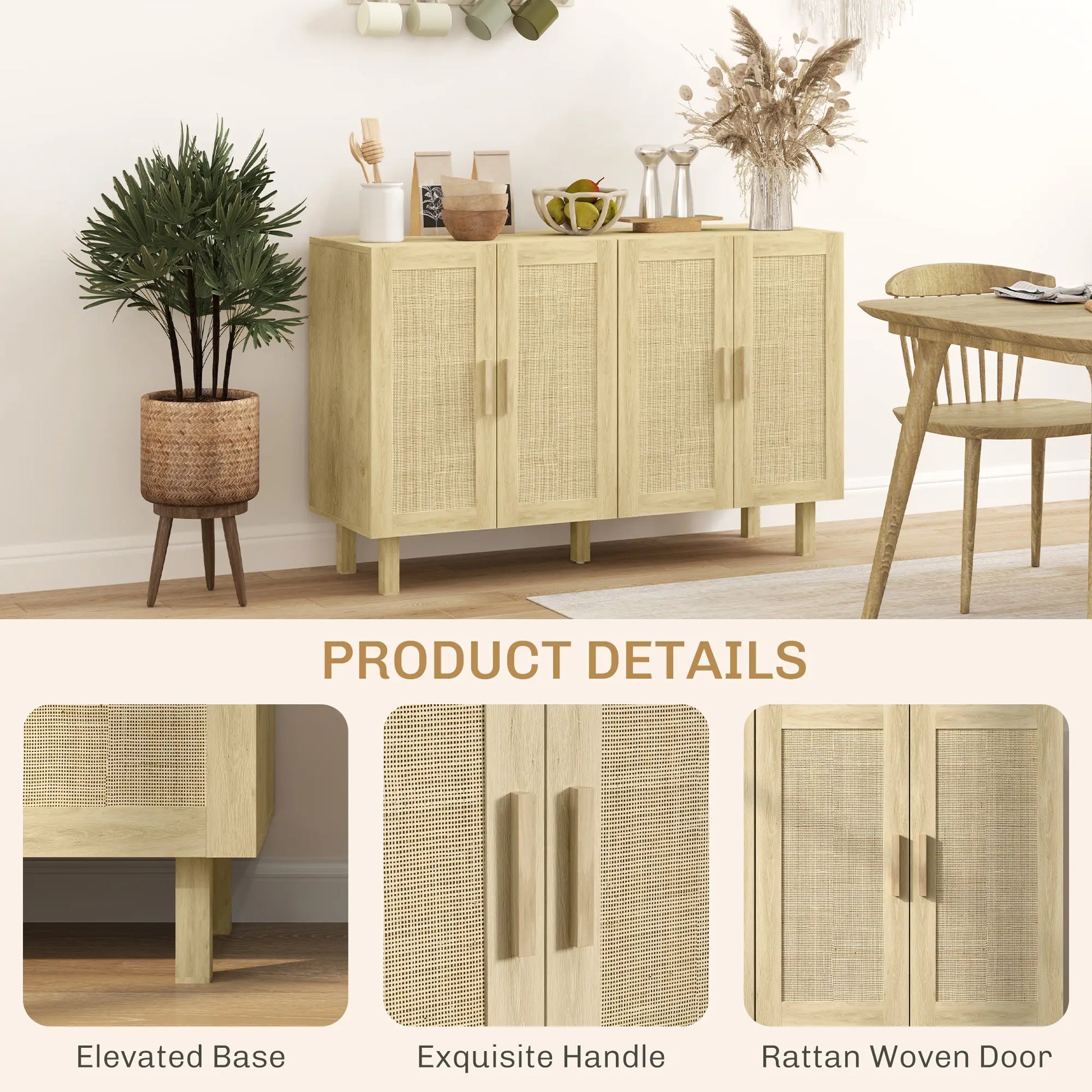 Boho Sideboard Cabinet, 4 Rattan Doors, Adjustable Shelves, Natural Storage Cabinets at Gallery Canada
