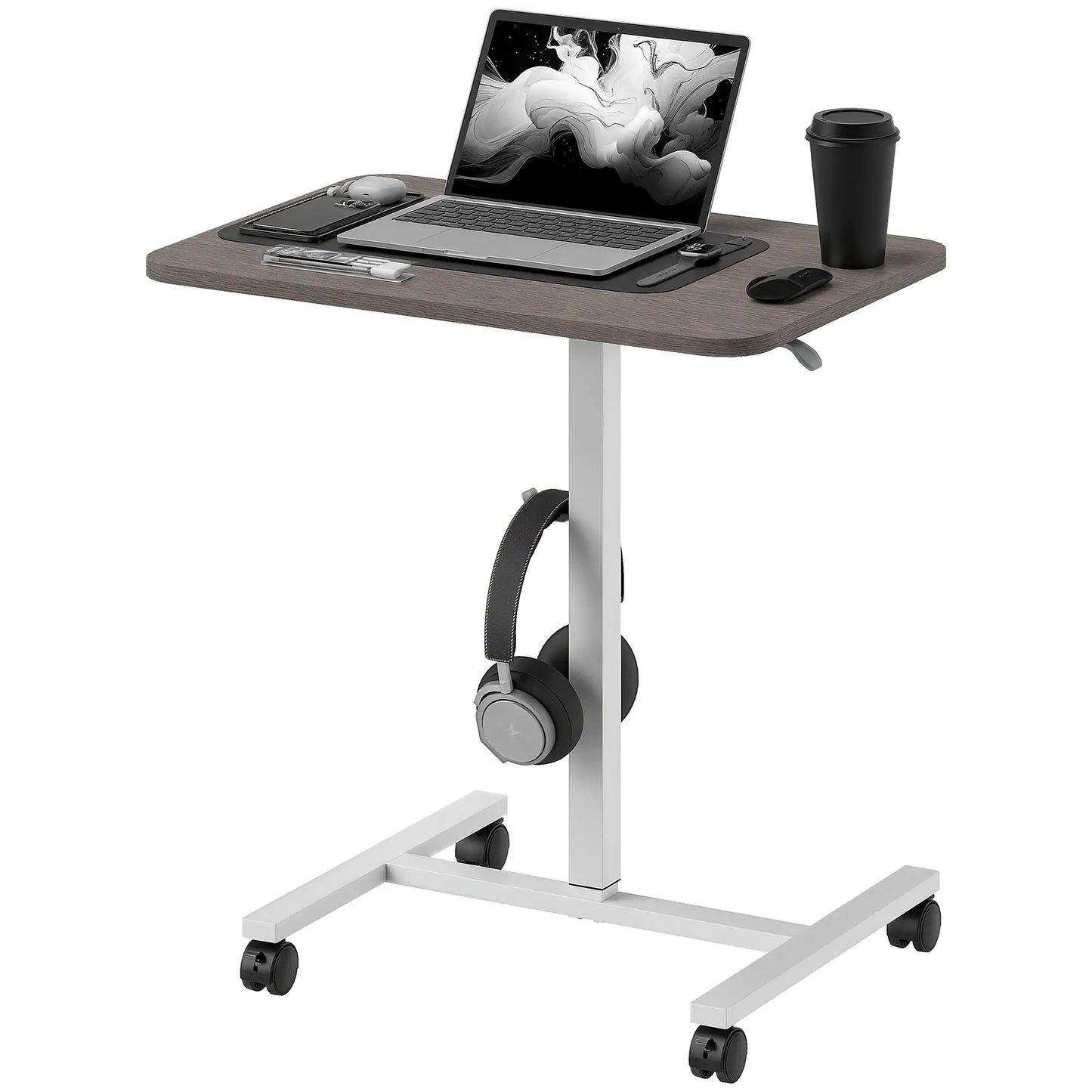 Height Adjustable Standing Desk, Pneumatic Sit Stand Desk with Wheels and Headphone Hook, Grey Office Desks & Work Stations at Gallery Canada