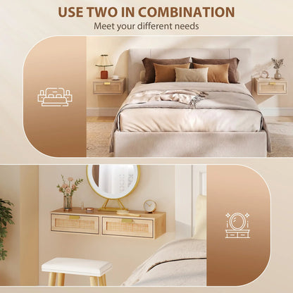 Floating Bedside Tables Set Of 2, Wall Mounted Nightstands, Rattan Drawer, Wood Effect, Oak