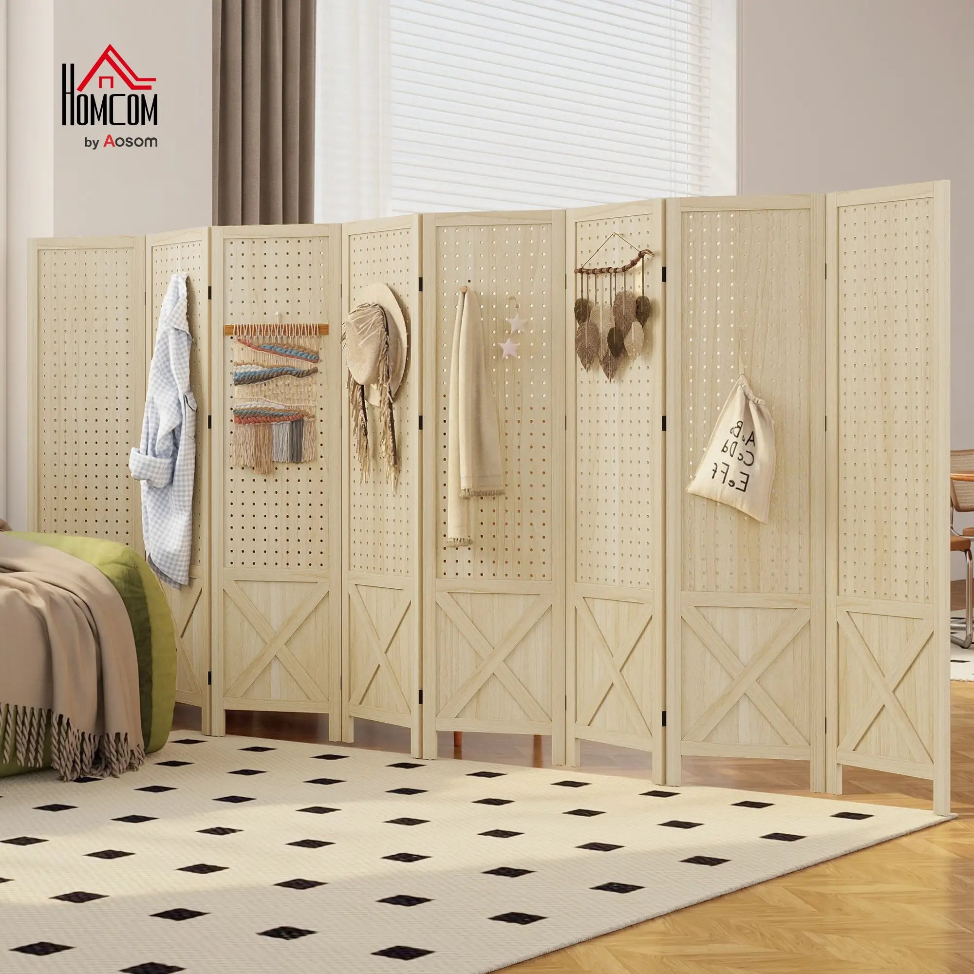 Wooden Room Divider With Pegboard Display, 8 Panel Folding Privacy Screen, Natural Wood Room Dividers at Gallery Canada