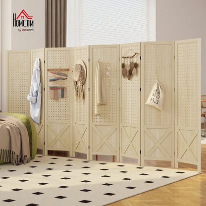 Wooden Room Divider With Pegboard Display, 8 Panel Folding Privacy Screen, Natural Wood Room Dividers at Gallery Canada
