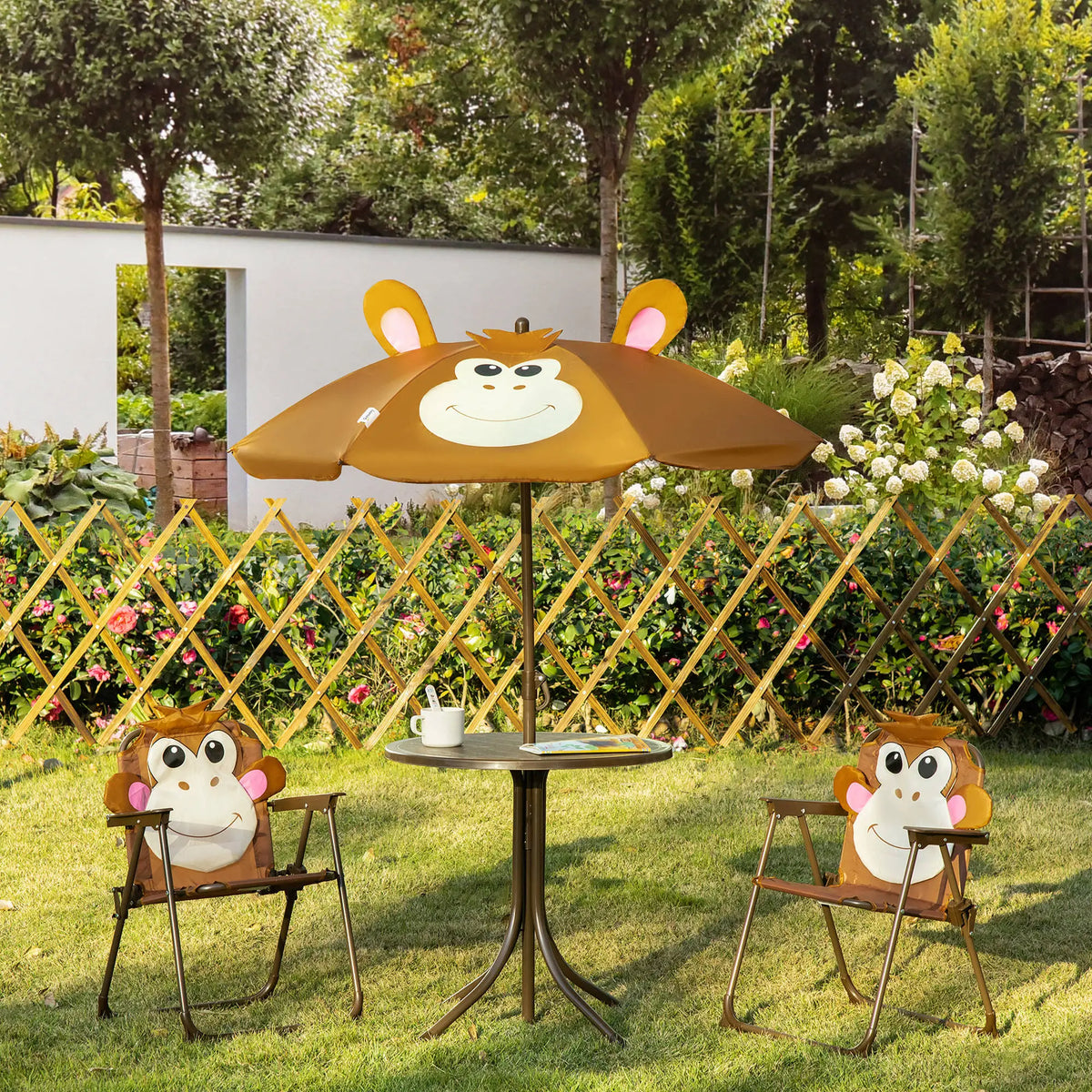 Kids Folding Picnic Table Chair Set with Adjustable Umbrella, Brown Kids Outdoor Furniture at Gallery Canada
