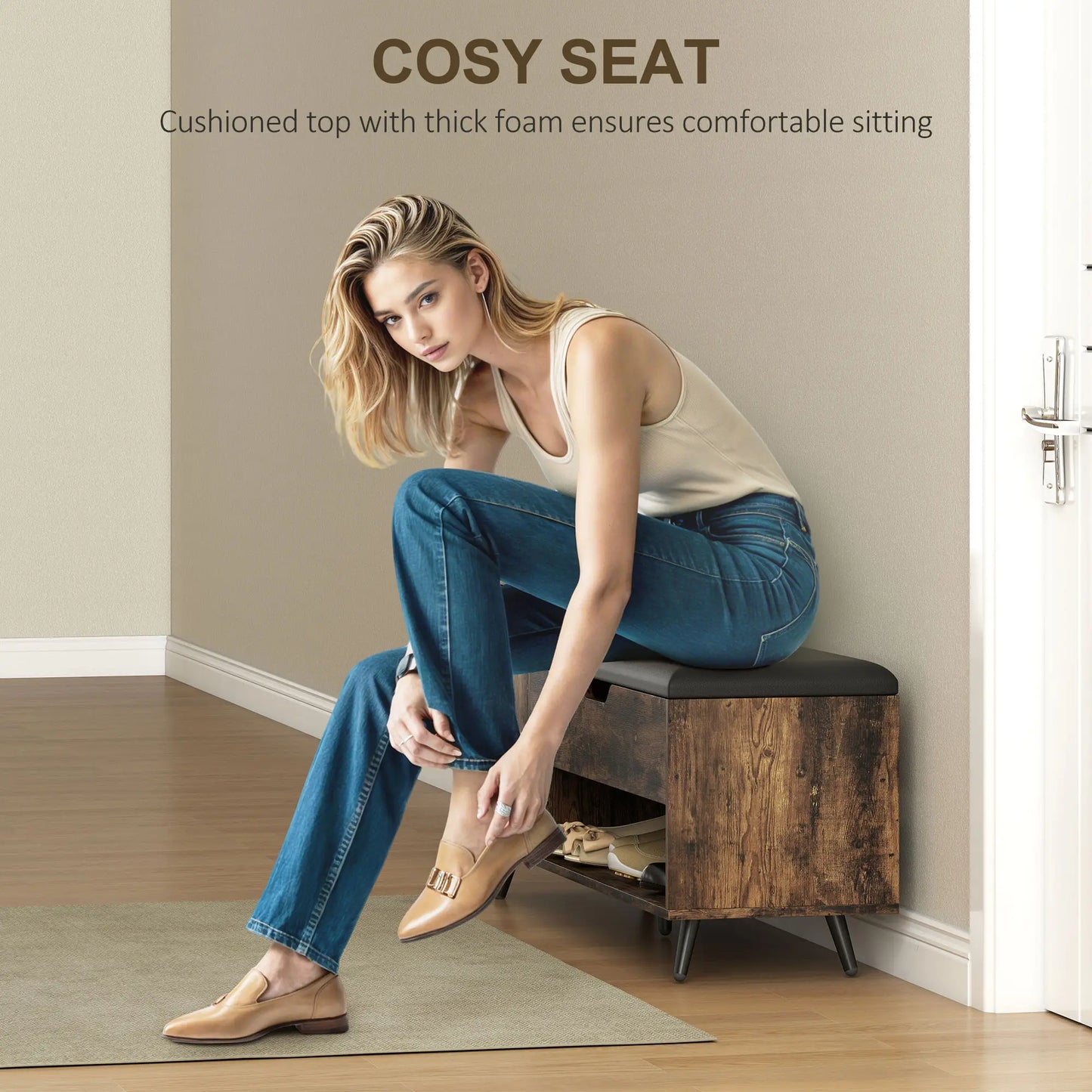 Storage Bench with Cushion, Hidden Compartments, Rustic Brown Shoe Storage Cabinets & Racks at Gallery Canada