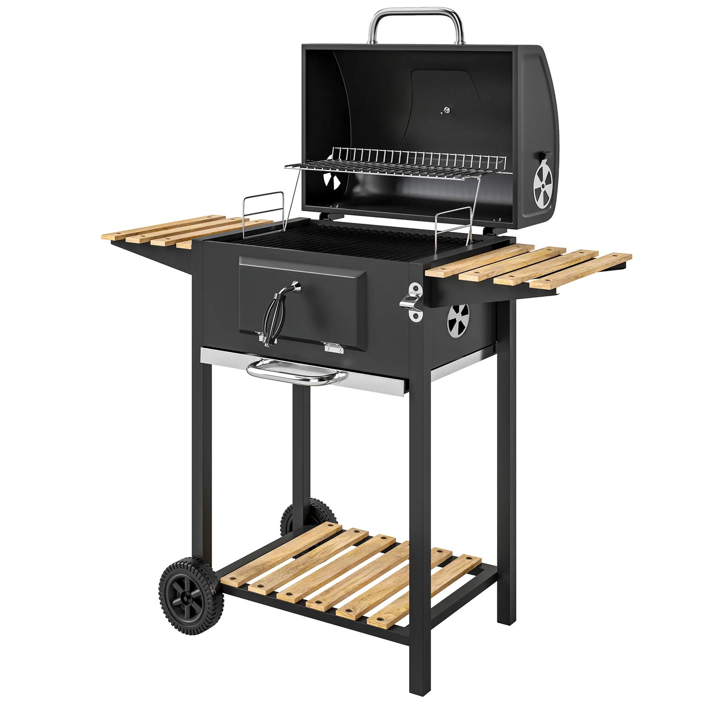20" Charcoal BBQ Grill On Wheels, Adjustable Pan, Thermometer, Charcoal Charcoal BBQ Grils Black, Nature Wood Finish at Gallery Canada