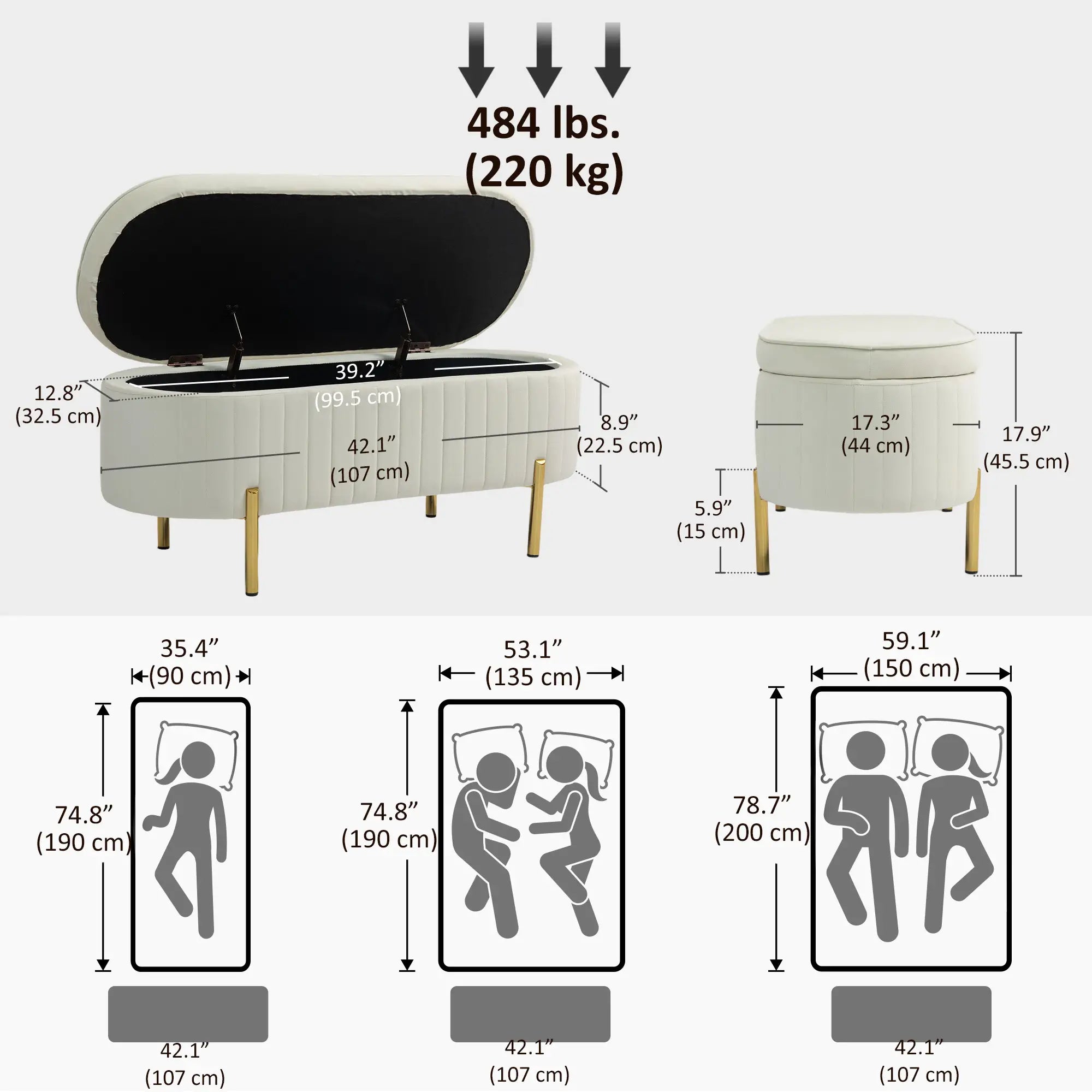 Upholstered Channel Tufted Ottoman Bench, Thick Padding, Metal Legs, Cream White Storage Ottomans & Benches at Gallery Canada