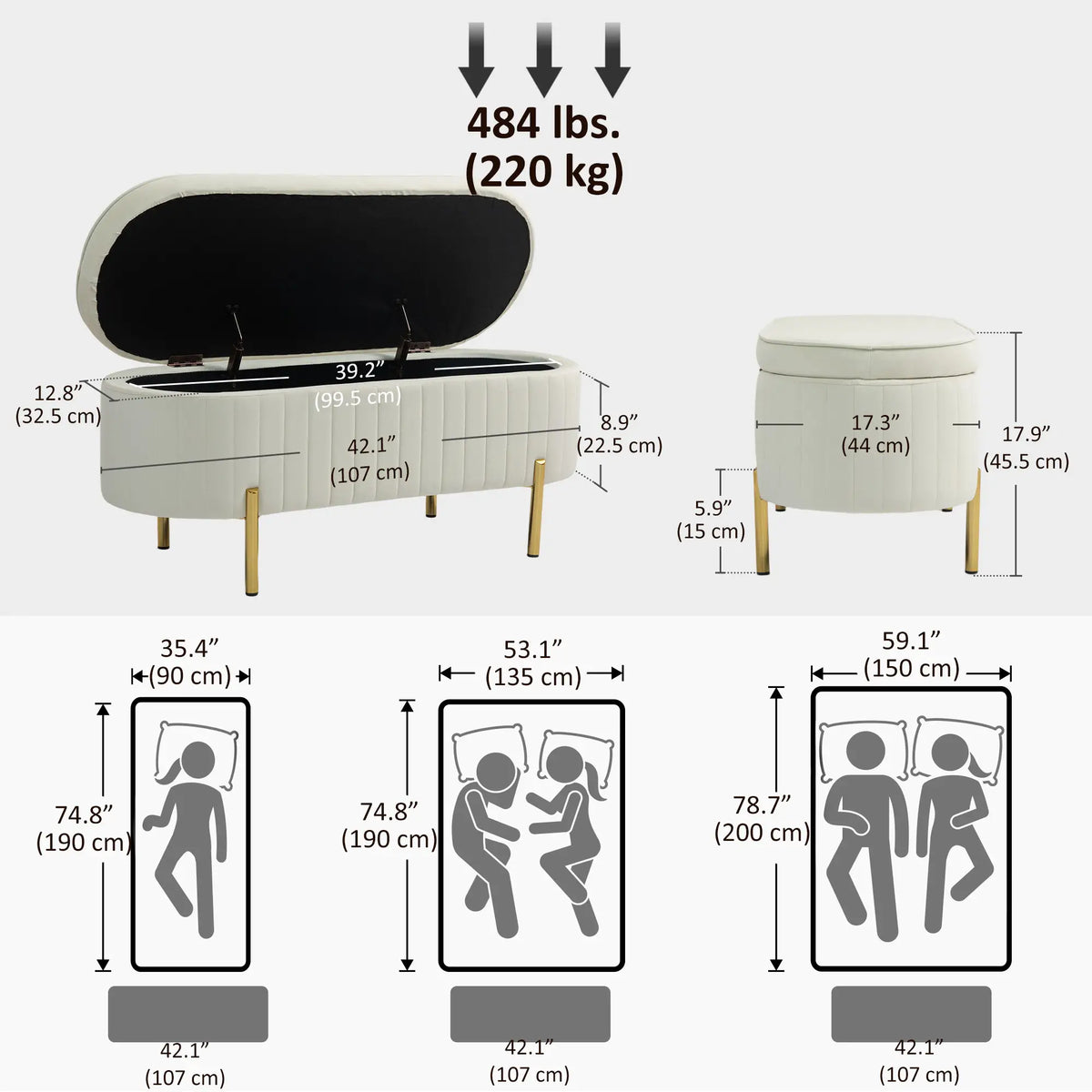 Upholstered Channel Tufted Ottoman Bench, Thick Padding, Metal Legs, Cream White Storage Ottomans & Benches at Gallery Canada